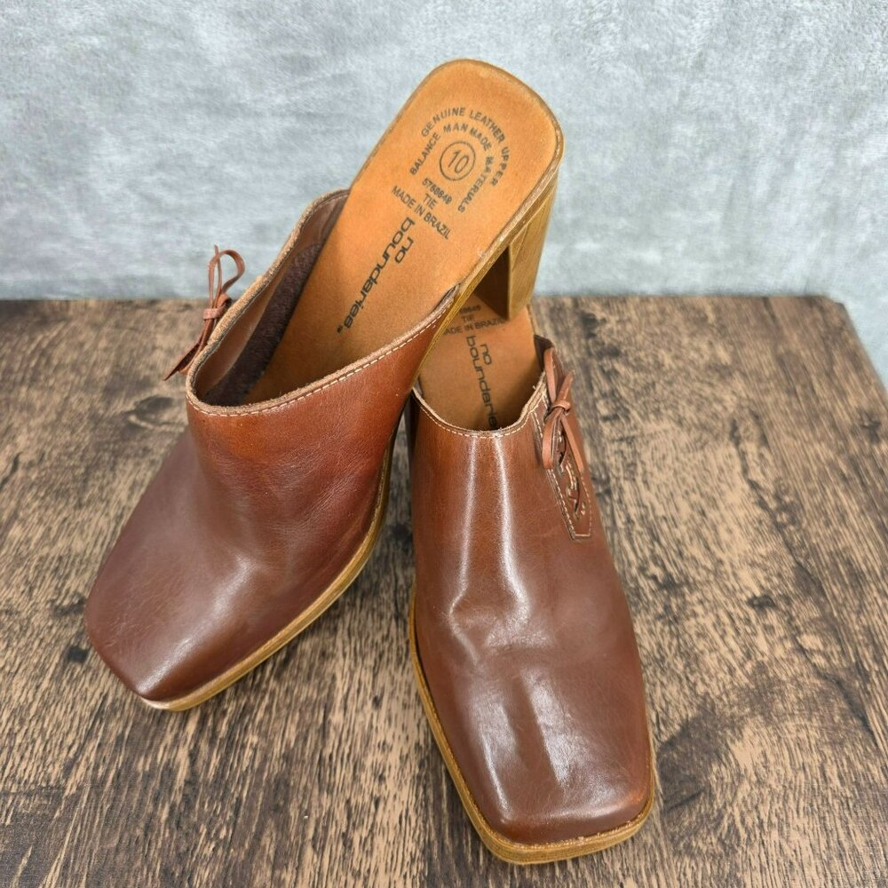 No Boundaries Vintage Mules Clogs Heels 10 Brown Square Toe Leather Y2K Side Tie - Picture 14 of 15